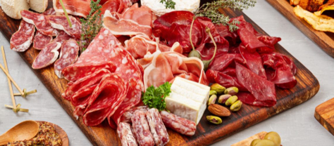 Appetizers,Table,With,Differents,Antipasti,,Charcuterie,,Snacks,And,Wine.,Sausage,